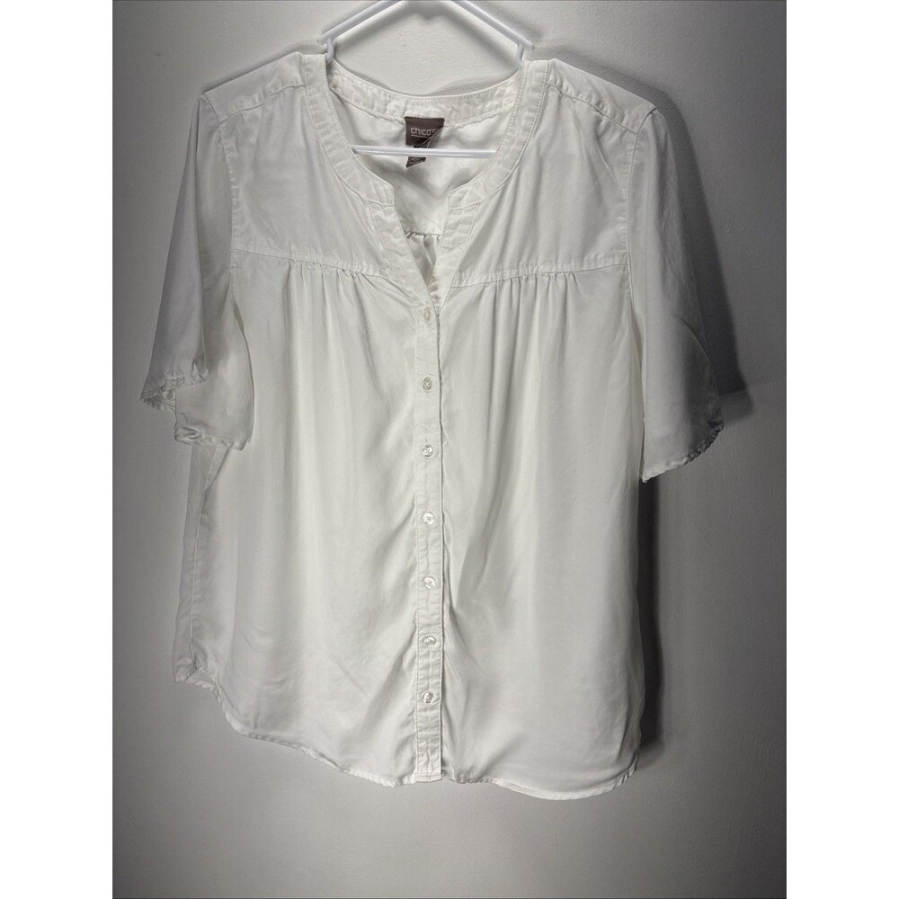 VTG Chico’s  2  Large White Tencel Cutaway Neck Top Blouse Flared Short Sleeves